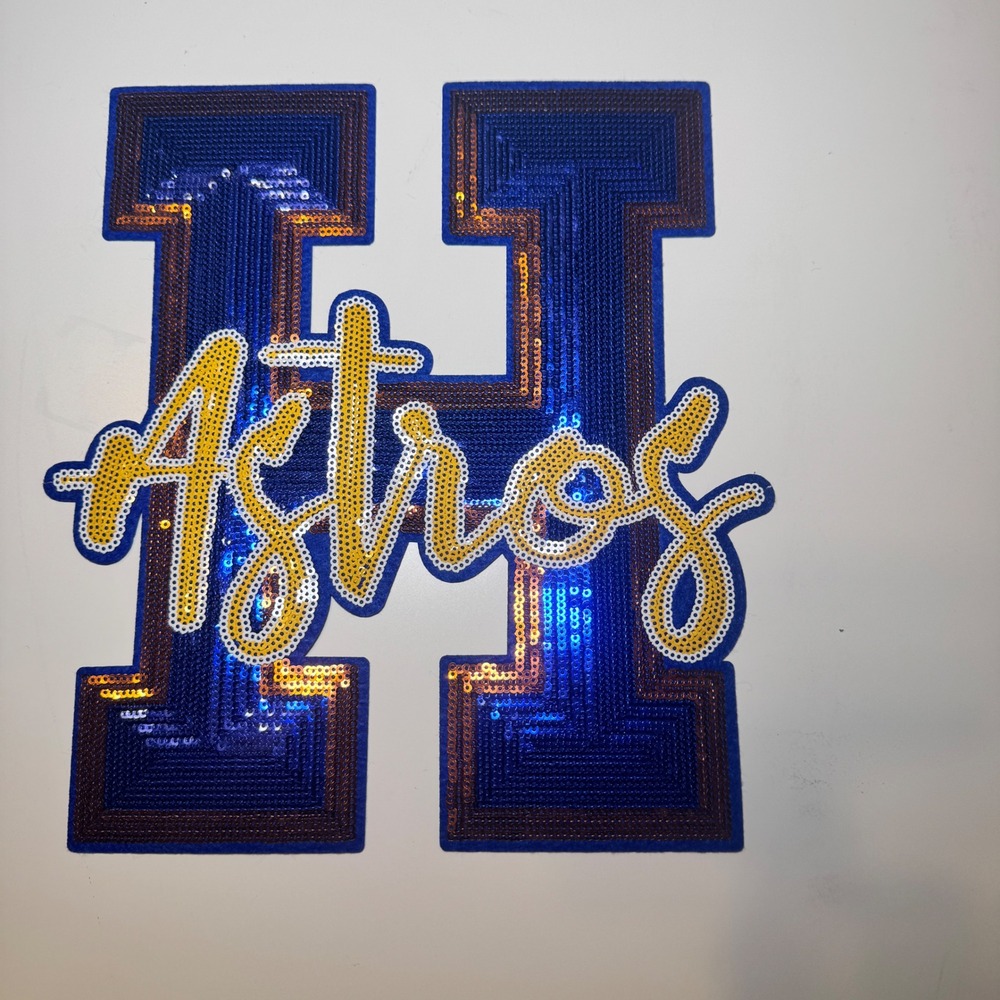 Houston Astros Large Sequin Patch Blue Orange Block H Script Applique DIY 10.5in